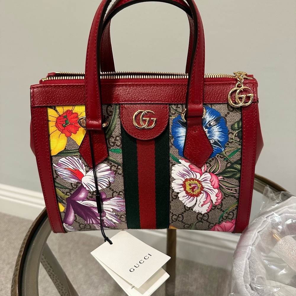 GG Supreme Monogram Flora Web Small Ophidia Tote Bag Red
